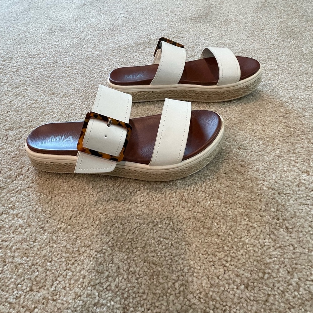 MIA White Platform Sandals with Adjustable Straps and Tortoise Buckles
